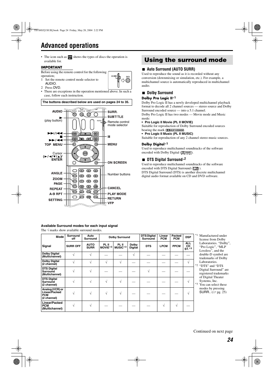 Advanced operations, Using the surround mode, A pg. 24) | 7auto surround (auto surr), 7dolby surround, 7dts digital surround, Continued on next page | JVC LVT1148-010A User Manual | Page 27 / 48