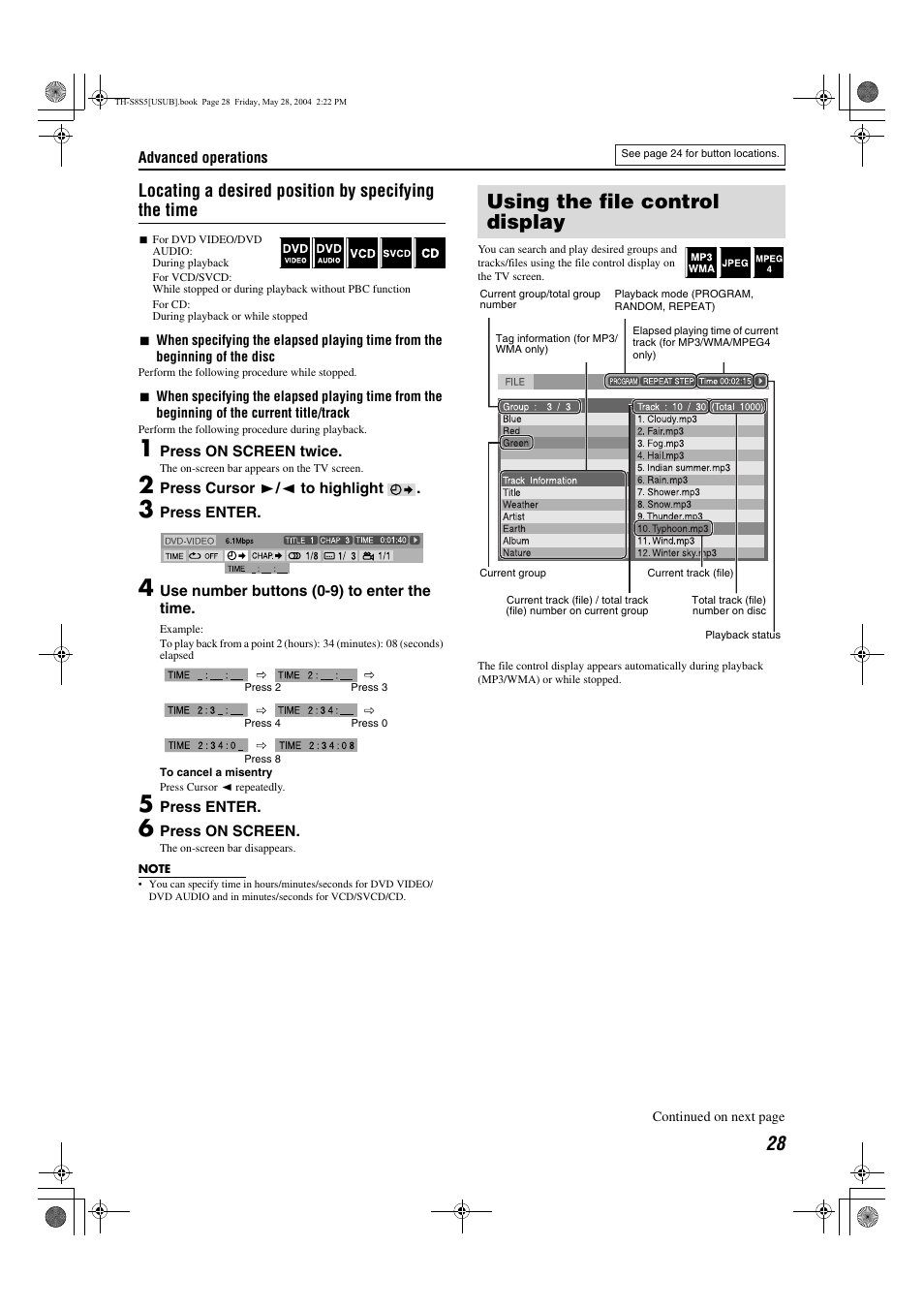 Using the file control display, Screen, A pg. 28) | A pg. 28) appears on, Display, A pg. 28) on the, Locating a desired position by specifying the time | JVC LVT1148-010A User Manual | Page 31 / 48