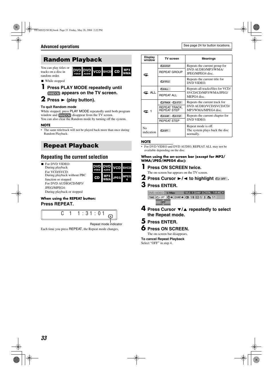 Random playback repeat playback, Pg. 33, A pg. 33) | Random playback, Repeat mode status, Repeating the current selection | JVC LVT1148-010A User Manual | Page 36 / 48