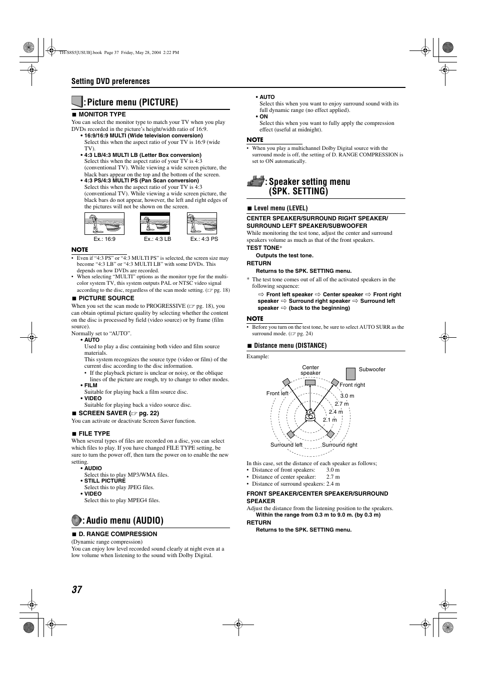 A pg. 37), Udio, Level) manually | Picture menu (picture), Audio menu (audio), Speaker setting menu (spk. setting) | JVC LVT1148-010A User Manual | Page 40 / 48