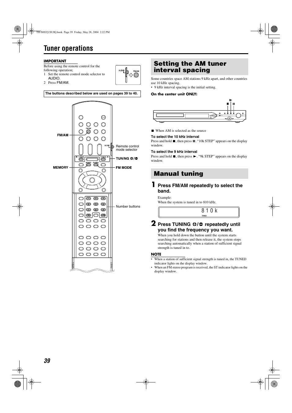 Tuner operations, Pg. 39, Station | A pg. 39), 8 1 0 k | JVC LVT1148-010A User Manual | Page 42 / 48