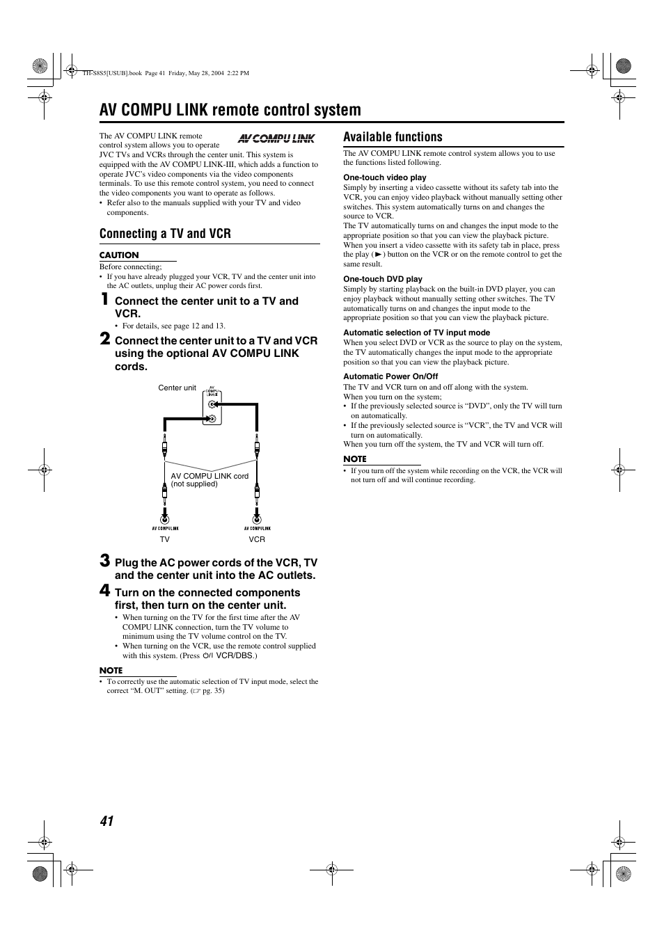 Av compu link remote control system, Pg. 41, Control system | A pg. 41), Connecting a tv and vcr, Available functions | JVC LVT1148-010A User Manual | Page 44 / 48