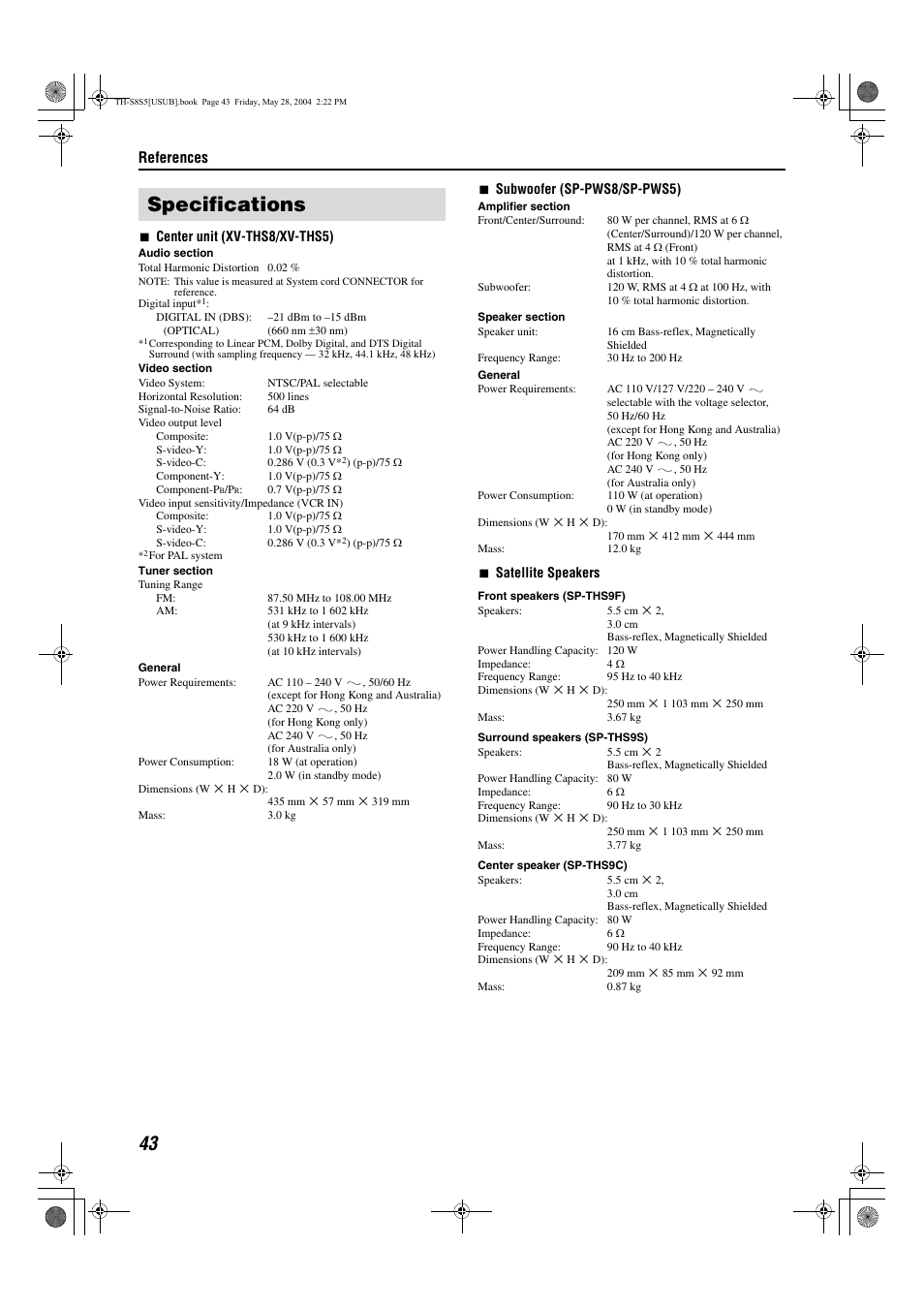 Specifications, References | JVC LVT1148-010A User Manual | Page 46 / 48