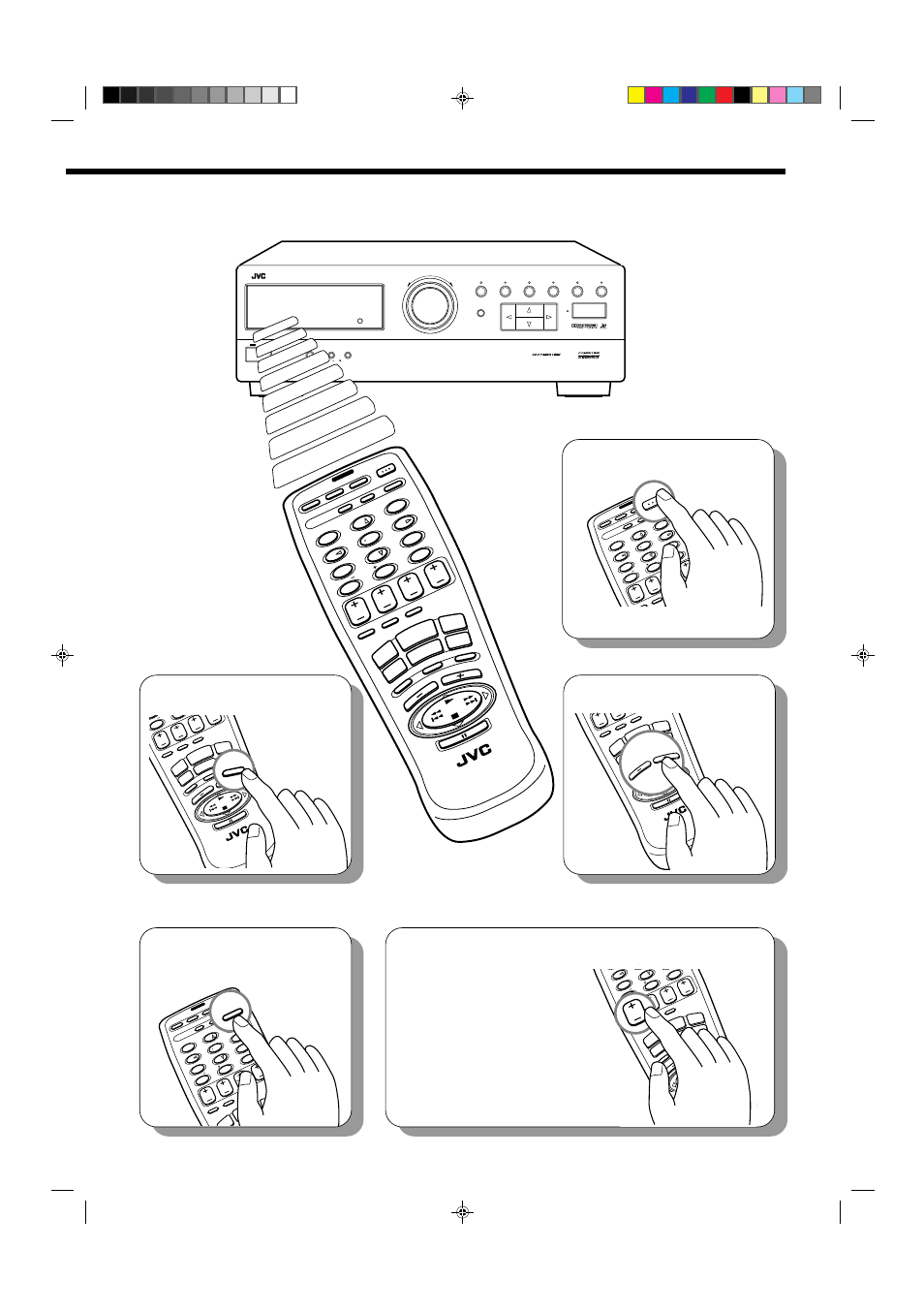 Select the source, Adjust the volume, Turn on the | Power, Set the remote control to sound operation mode | JVC RX-664VBK User Manual | Page 9 / 56