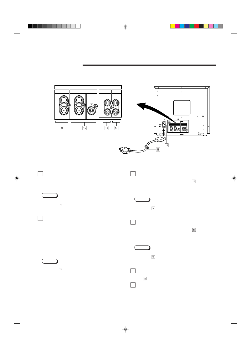 Rear view, Rear panel, 14 video a terminals [video a in/out | 15 video b terminals [video b in/out, 16 audio a terminals [audio a in/out, 17 audio b terminals [audio b in/out, 18 ac inlet [ac in, 19 power cord | JVC TM-A130SU User Manual | Page 5 / 16