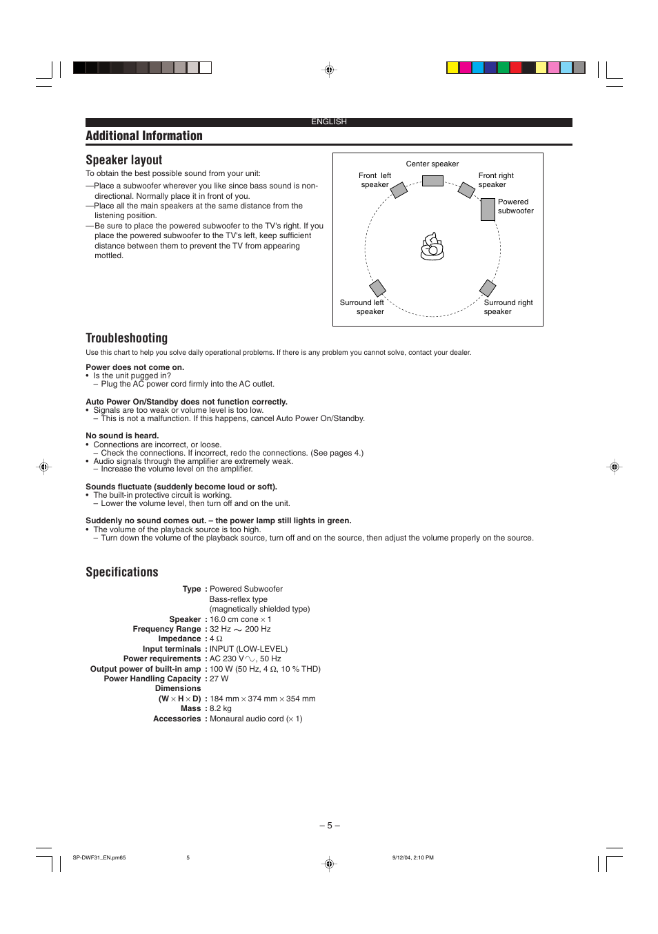 Additional information speaker layout, Troubleshooting, Specifications | English | JVC SP-DWF31 User Manual | Page 5 / 6