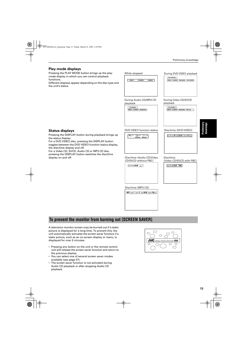 Play mode displays, Status displays | JVC GNT0013-014A User Manual | Page 15 / 60