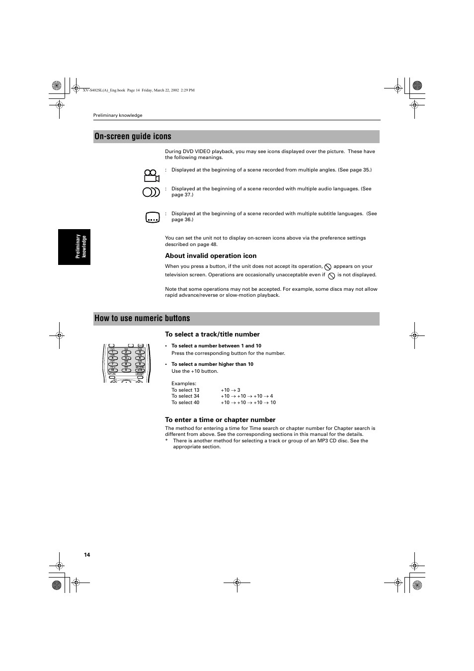 On-screen guide icons, How to use numeric buttons, About invalid operation icon | JVC GNT0013-014A User Manual | Page 16 / 60