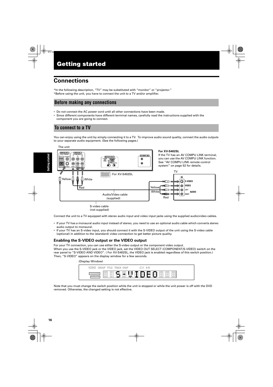 Getting started, Getting started connections, Before making any connections to connect to a tv | Enabling the s-video output or the video output | JVC GNT0013-014A User Manual | Page 18 / 60