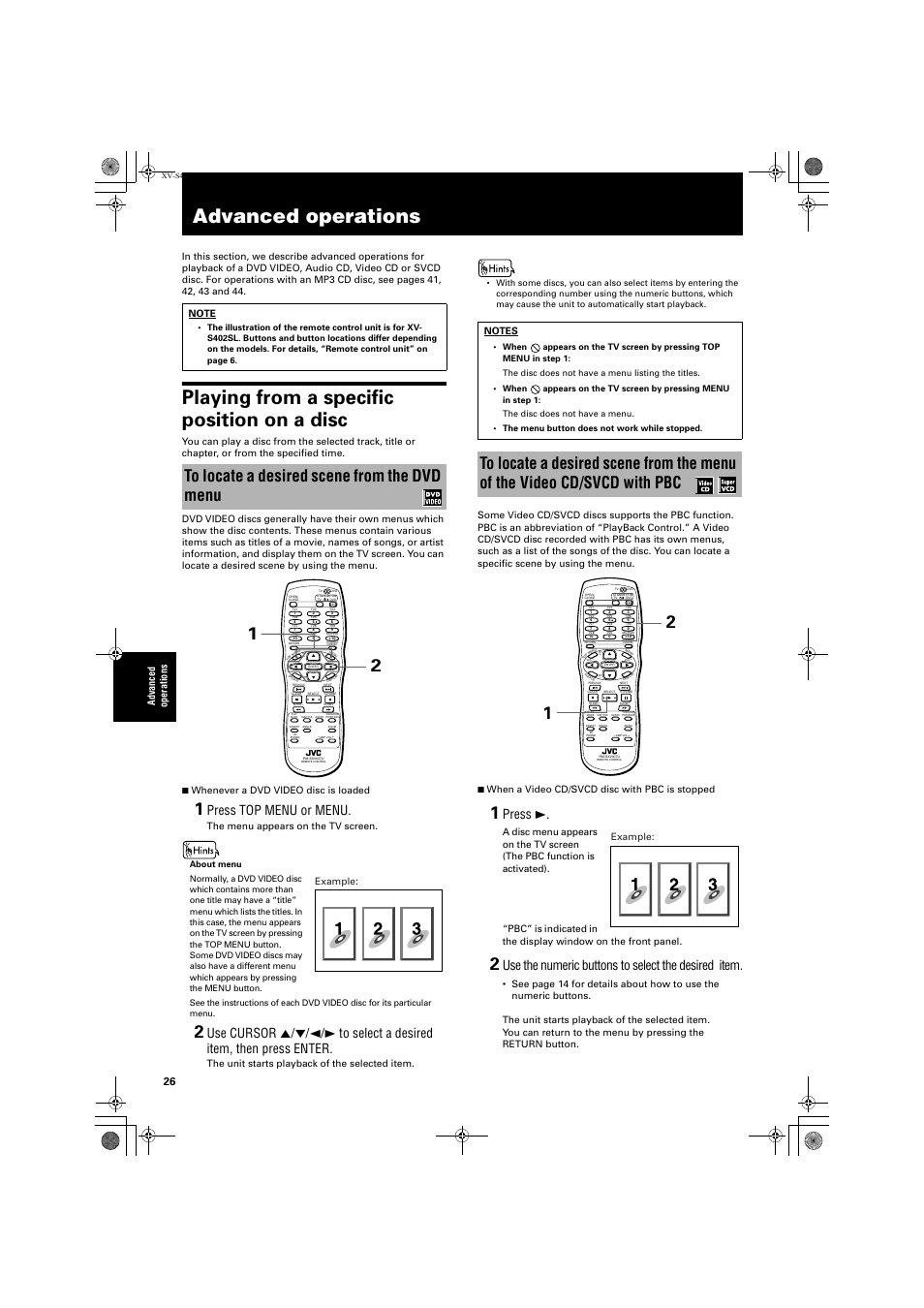 Advanced operations, Playing from a specific position on a disc, Press top menu or menu | Press 3, Use the numeric buttons to select the desired item, The menu appears on the tv screen, The unit starts playback of the selected item, Example | JVC GNT0013-014A User Manual | Page 28 / 60