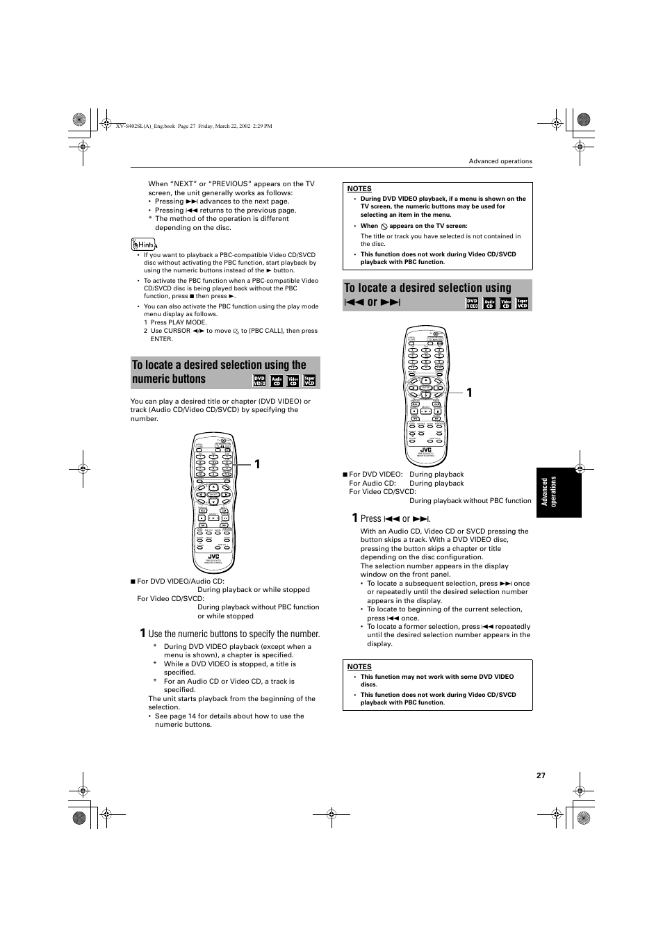 Use the numeric buttons to specify the number, Press 4 or, Advance d operations | Advanced operations | JVC GNT0013-014A User Manual | Page 29 / 60