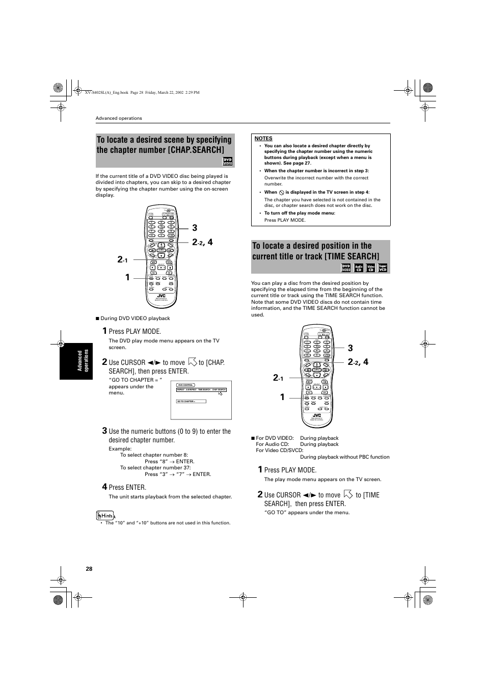 Press play mode, Press enter, The dvd play mode menu appears on the tv screen | Go to chapter = ” appears under the menu, The unit starts playback from the selected chapter, The play mode menu appears on the tv screen, Go to” appears under the menu | JVC GNT0013-014A User Manual | Page 30 / 60