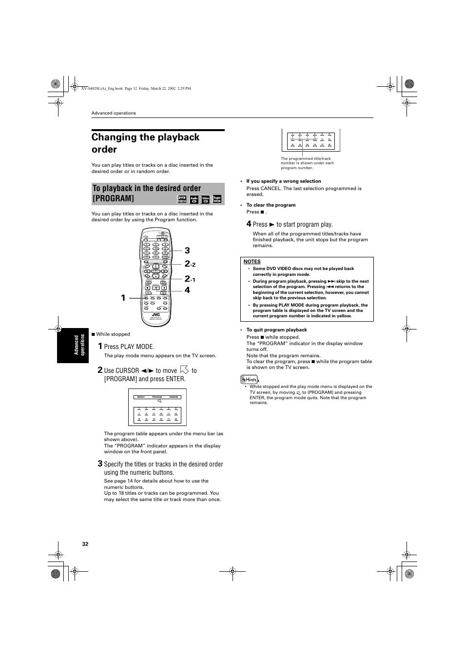 Changing the playback order, Press play mode, Press 3 to start program play | Advanced operations, The play mode menu appears on the tv screen | JVC GNT0013-014A User Manual | Page 34 / 60