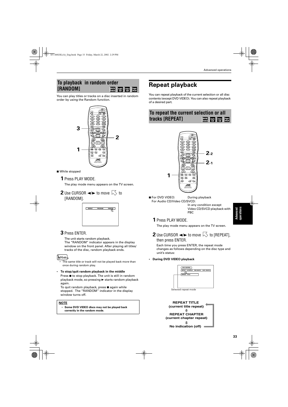 Repeat playback, Press play mode, Use cursor 2/3 to move to [random | Press enter, Advance d operations, The play mode menu appears on the tv screen, Advanced operations | JVC GNT0013-014A User Manual | Page 35 / 60