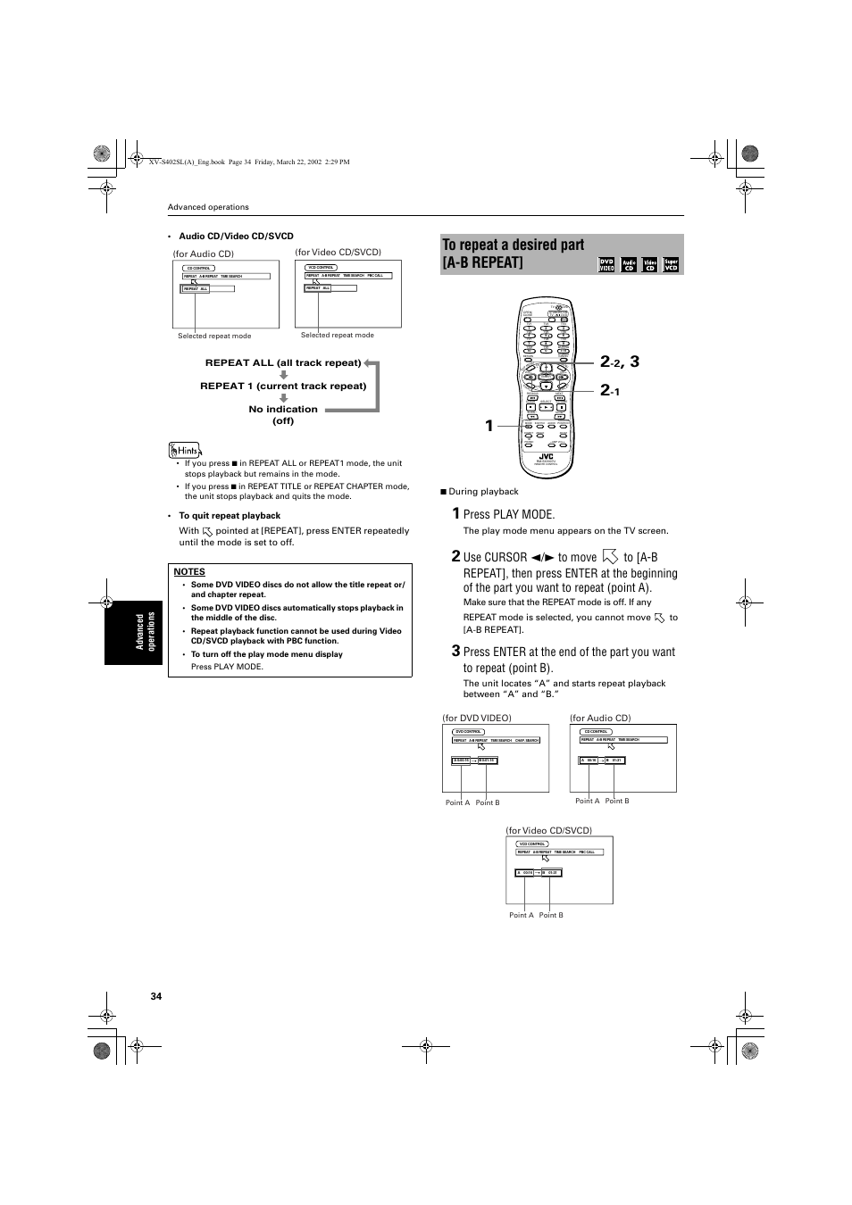 Press play mode, Advanced operations • audio cd/video cd/svcd, The play mode menu appears on the tv screen | For audio cd), For video cd/svcd), For dvd video) | JVC GNT0013-014A User Manual | Page 36 / 60