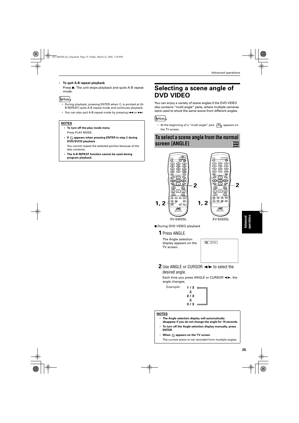 Selecting a scene angle of dvd video, Press angle, Advance d operations | The unit stops playback and quits a-b repeat mode, 7 during dvd video playback, Advanced operations | JVC GNT0013-014A User Manual | Page 37 / 60