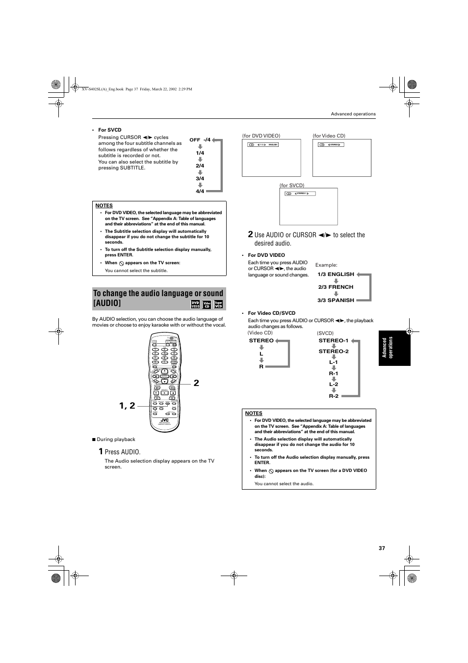 Press audio, Advance d operations, For dvd video) | For video cd) | JVC GNT0013-014A User Manual | Page 39 / 60