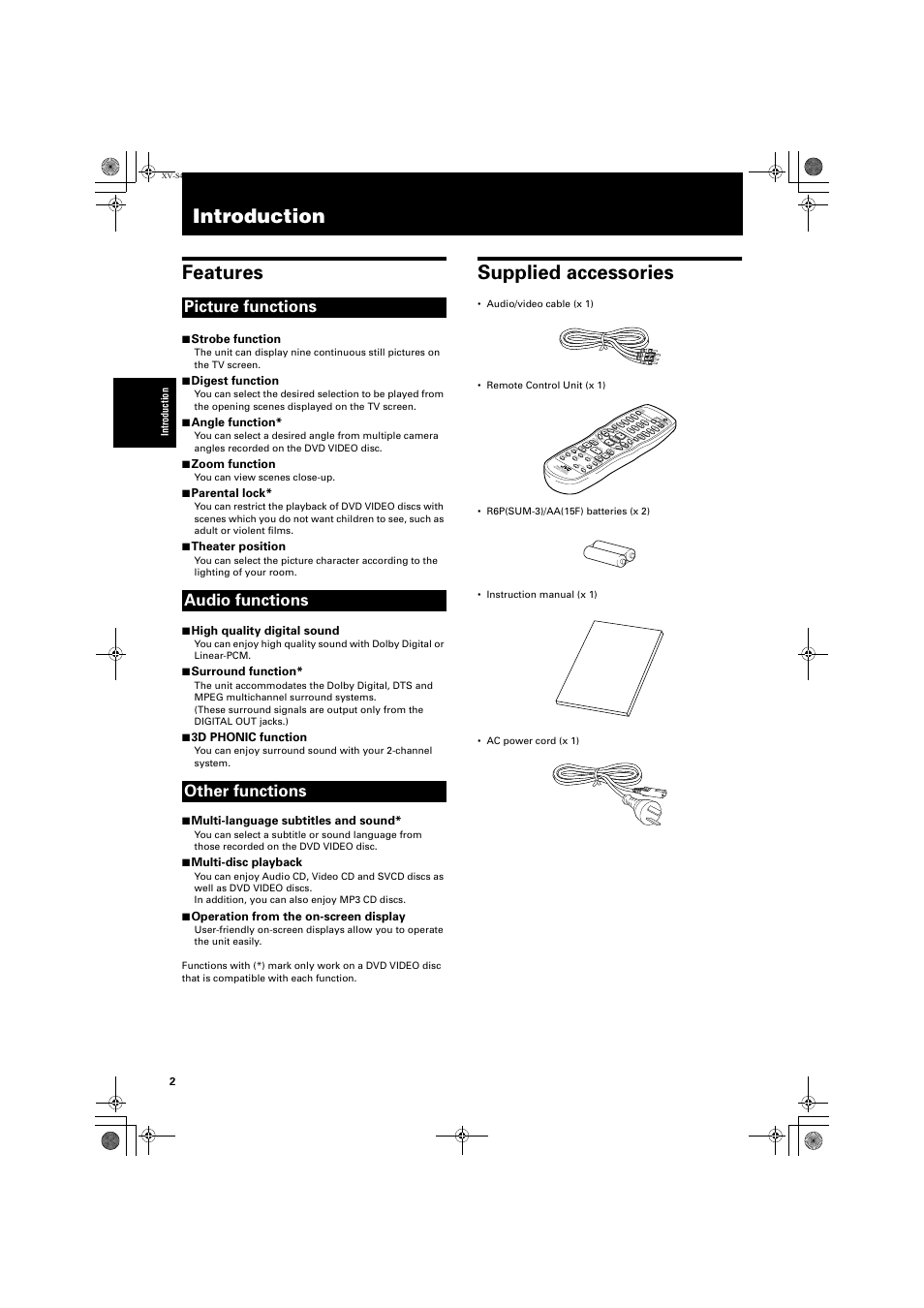 Introduction, Introduction features, Supplied accessories | Picture functions audio functions other functions, Tv /v id eo ca nc el, 3d ph on ic, Re tu rn vo l- slo w, Slo w, Vo l+ ch + ch, Re mo te c on tr ol disp lay | JVC GNT0013-014A User Manual | Page 4 / 60