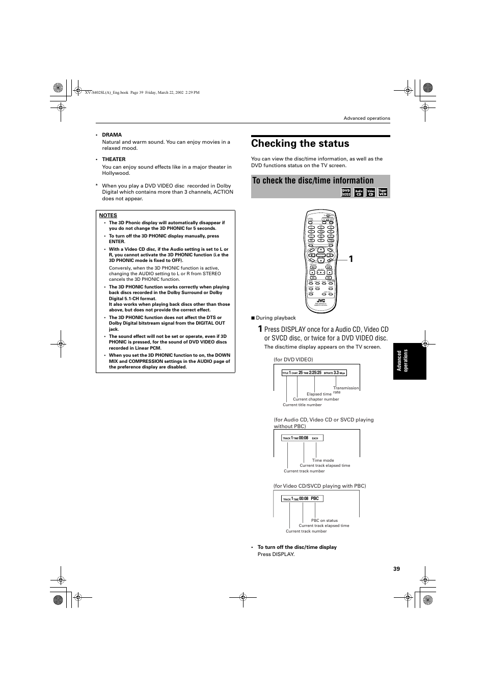 Checking the status, Advance d operations, For dvd video) | For video cd/svcd playing with pbc) | JVC GNT0013-014A User Manual | Page 41 / 60