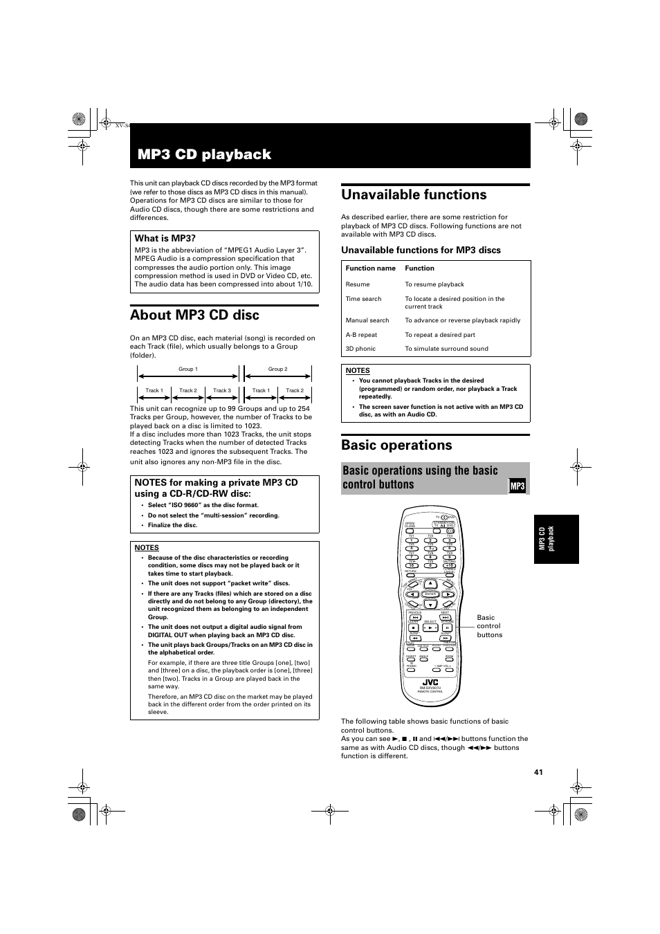 Mp3 cd playback, About mp3 cd disc, Unavailable functions | Basic operations, Basic operations using the basic control buttons, Unavailable functions for mp3 discs, What is mp3 | JVC GNT0013-014A User Manual | Page 43 / 60