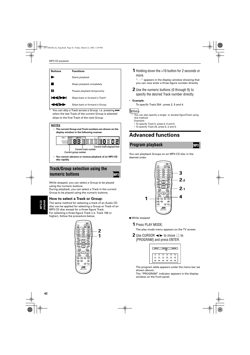 Advanced functions, Track/group selection using the numeric buttons, Program playback | How to select a track or group, Holding down the +10 button for 2 seconds or more, Press play mode, The play mode menu appears on the tv screen | JVC GNT0013-014A User Manual | Page 44 / 60