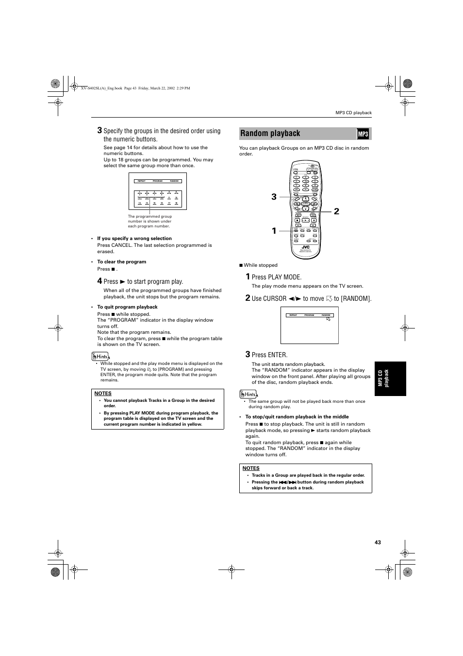 Random playback, Press 3 to start program play, Press play mode | Use cursor 2/3 to move to [random, Press enter, Mp3 cd playback, The play mode menu appears on the tv screen | JVC GNT0013-014A User Manual | Page 45 / 60
