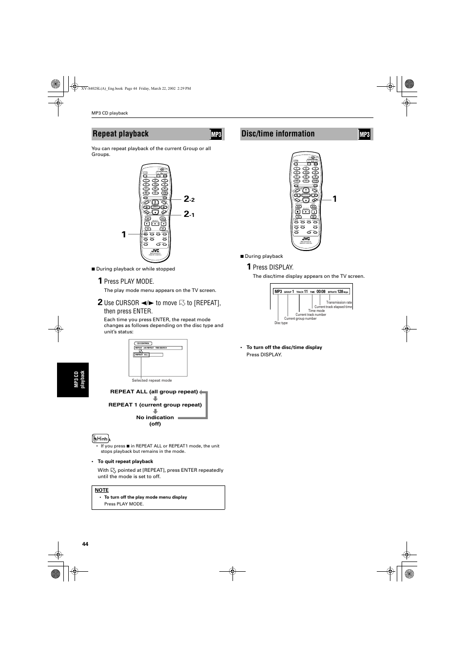 Repeat playback, Disc/time information, Press play mode | Press display, The play mode menu appears on the tv screen, Mp3 cd playback | JVC GNT0013-014A User Manual | Page 46 / 60