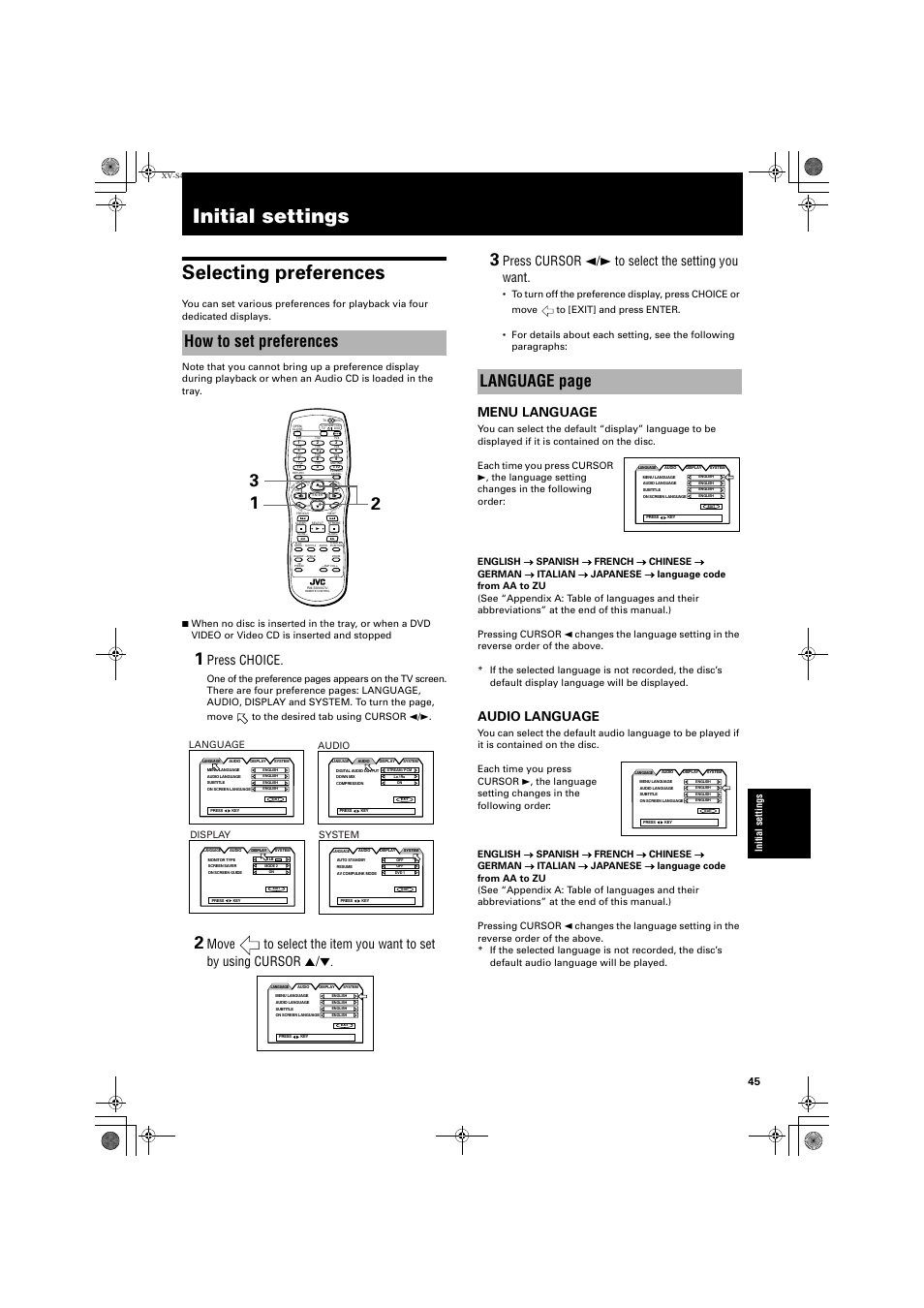 Initial settings, Initial settings selecting preferences, How to set preferences | Language page, Press choice, Press cursor 2/3 to select the setting you want, Menu language, Audio language, Language, Audio | JVC GNT0013-014A User Manual | Page 47 / 60