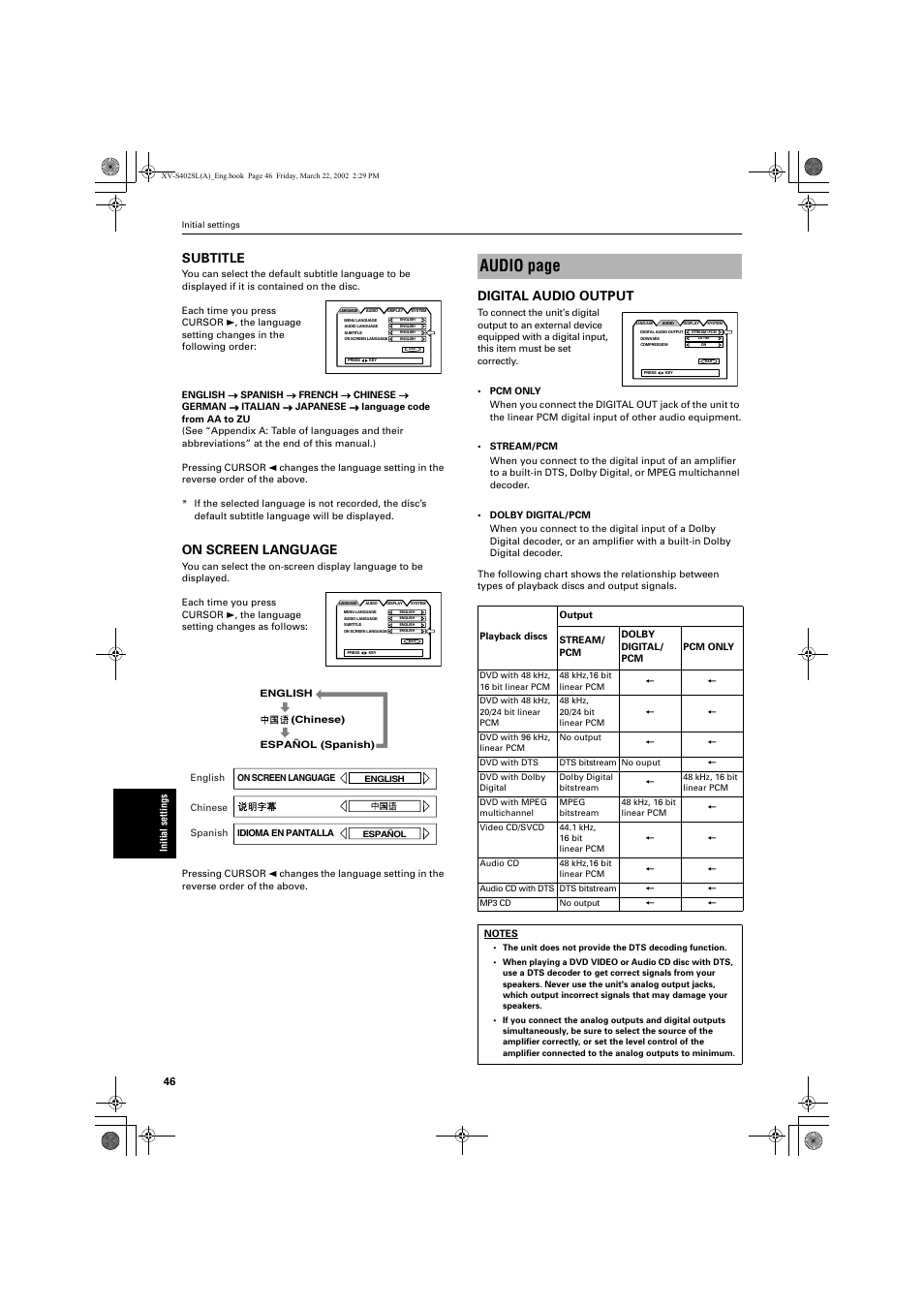 Audio page, Subtitle, On screen language | Digital audio output | JVC GNT0013-014A User Manual | Page 48 / 60