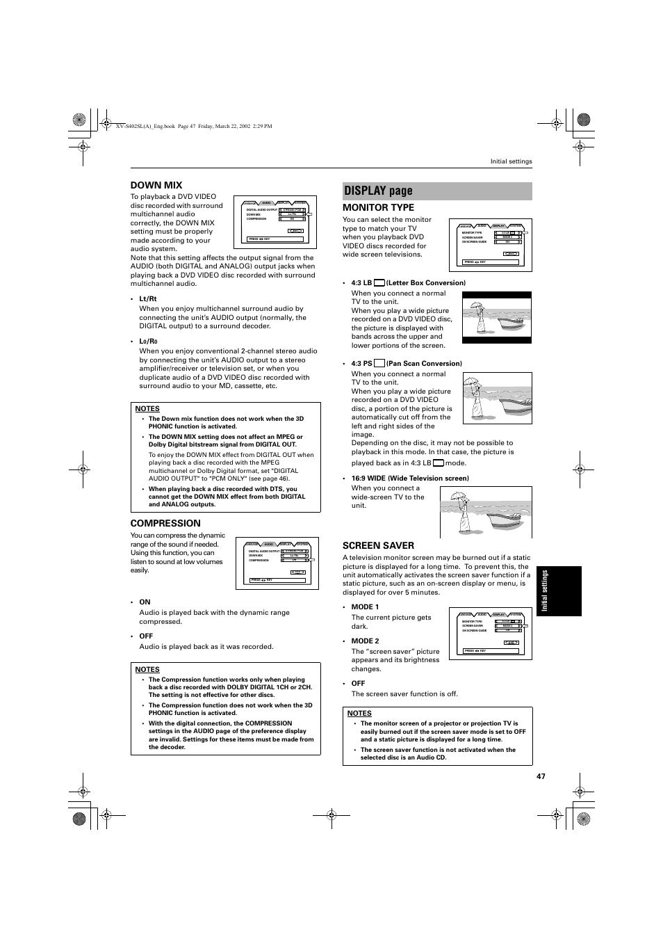 Display page, Down mix, Compression | Monitor type, Screen saver | JVC GNT0013-014A User Manual | Page 49 / 60