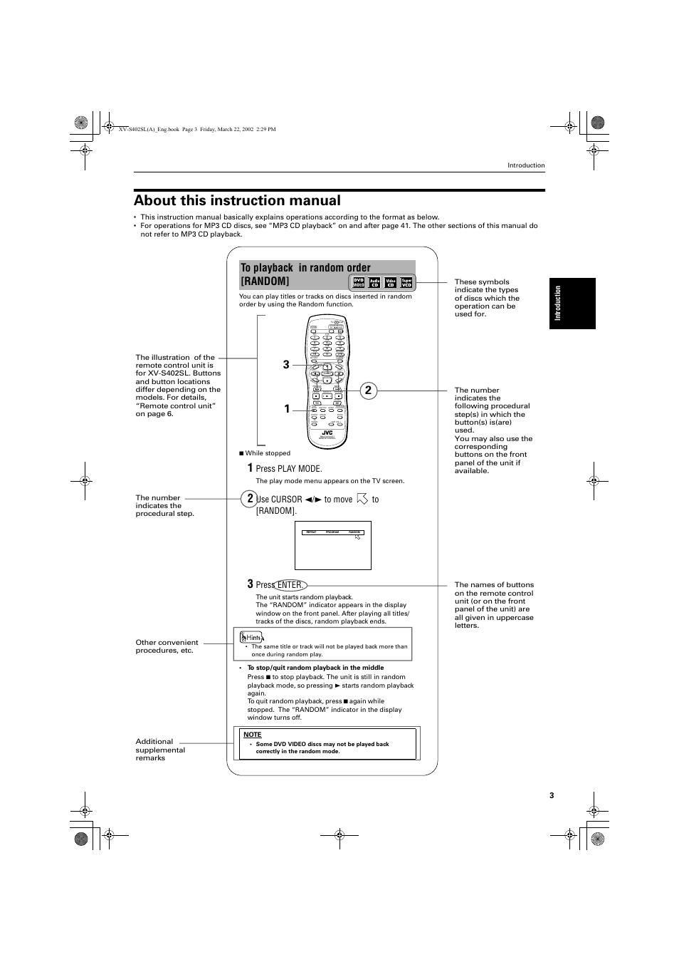 About this instruction manual, Press play mode, Use cursor 2/3 to move to [random | Press enter, Intro duction, Introduction, The play mode menu appears on the tv screen | JVC GNT0013-014A User Manual | Page 5 / 60