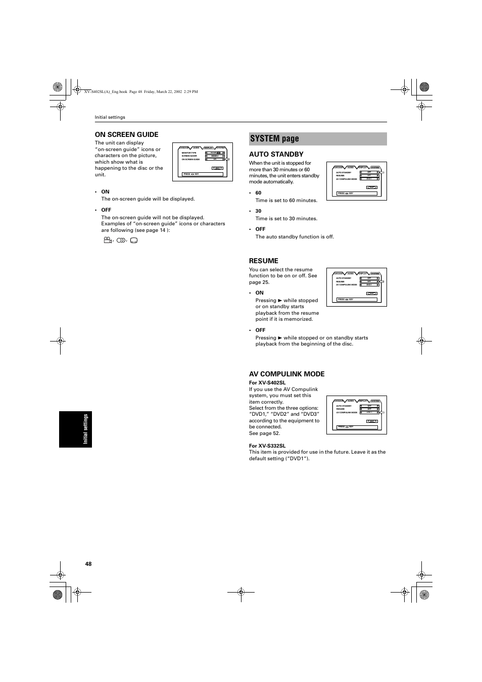 System page, On screen guide, Auto standby | Resume, Av compulink mode, Ini ti a l set tings | JVC GNT0013-014A User Manual | Page 50 / 60