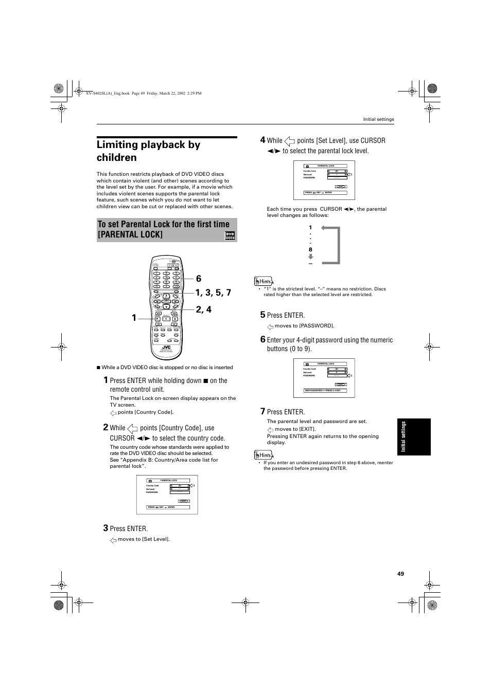 Limiting playback by children, Press enter, Moves to [set level | Moves to [password | JVC GNT0013-014A User Manual | Page 51 / 60