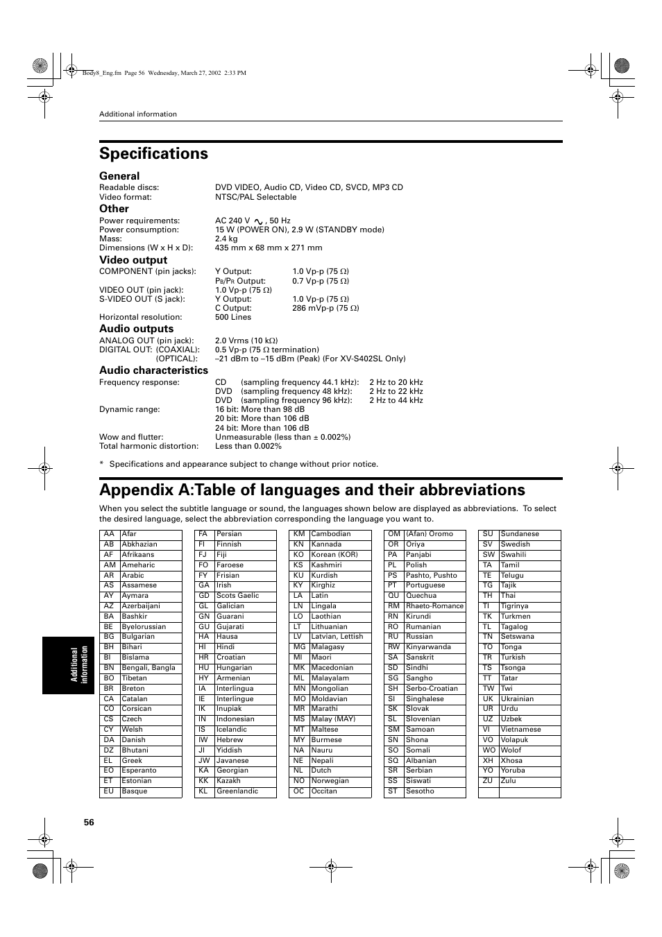 Specifications, General, Other | Video output, Audio outputs, Audio characteristics | JVC GNT0013-014A User Manual | Page 58 / 60