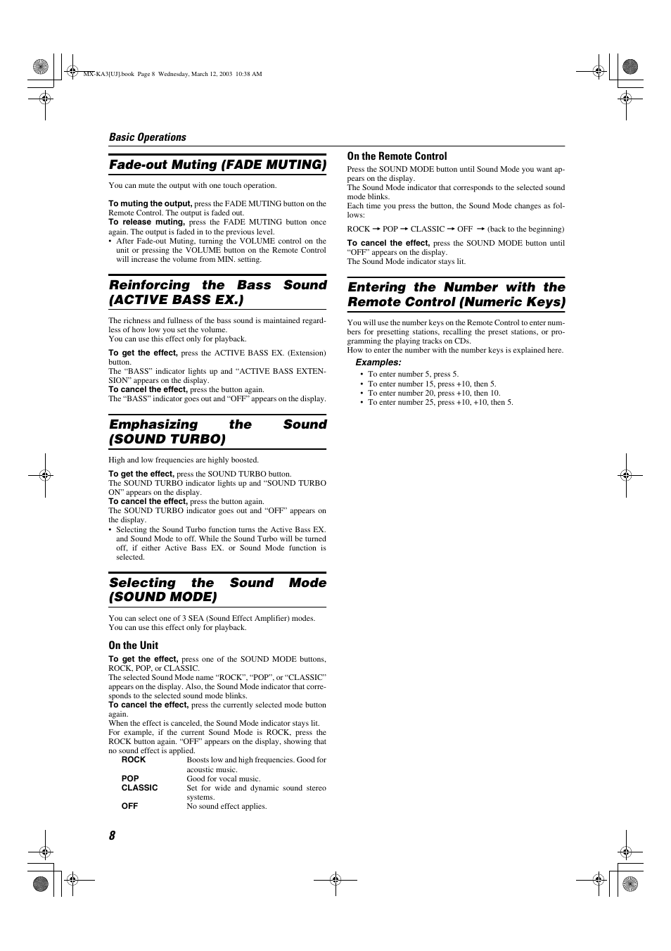 Fade-out muting (fade muting), Reinforcing the bass sound (active bass ex.), Emphasizing the sound (sound turbo) | Selecting the sound mode (sound mode) | JVC CA-MXKA3 User Manual | Page 10 / 29