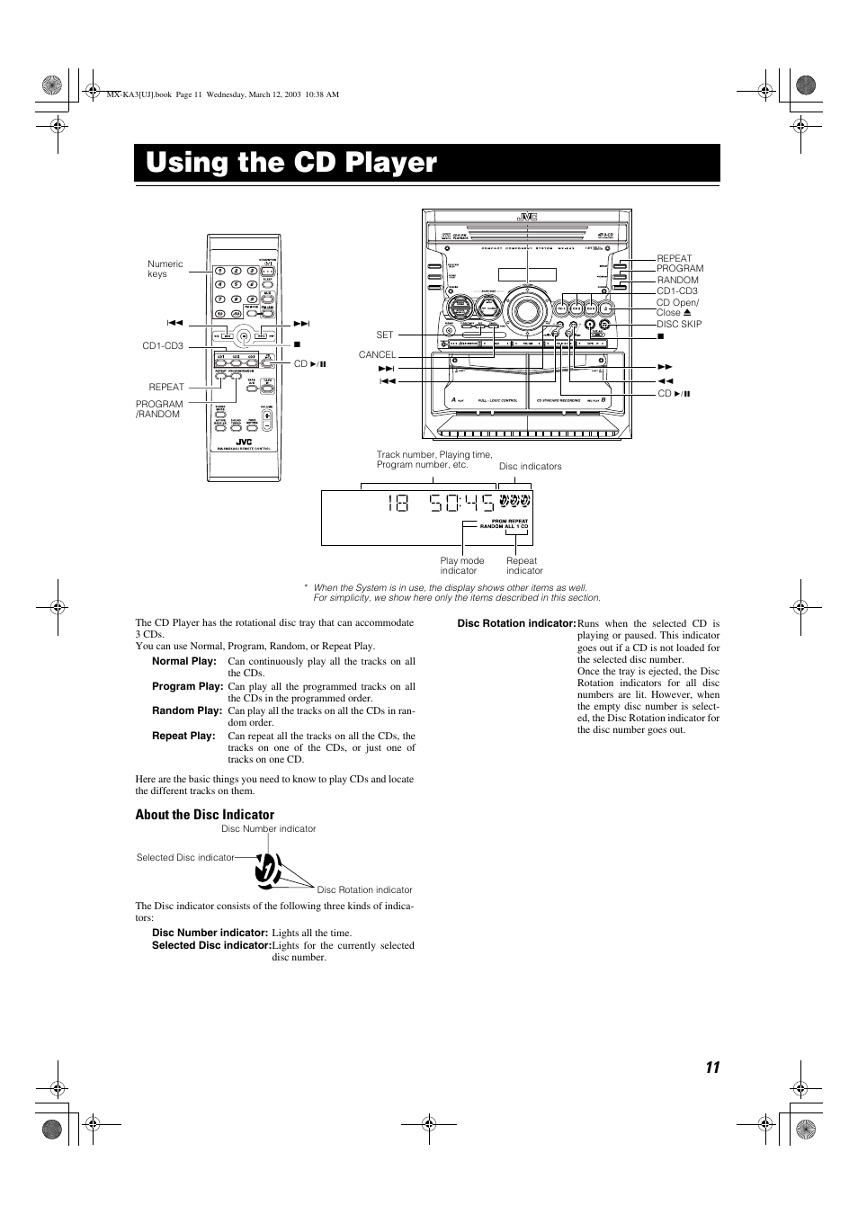 Using the cd player, About the disc indicator | JVC CA-MXKA3 User Manual | Page 13 / 29