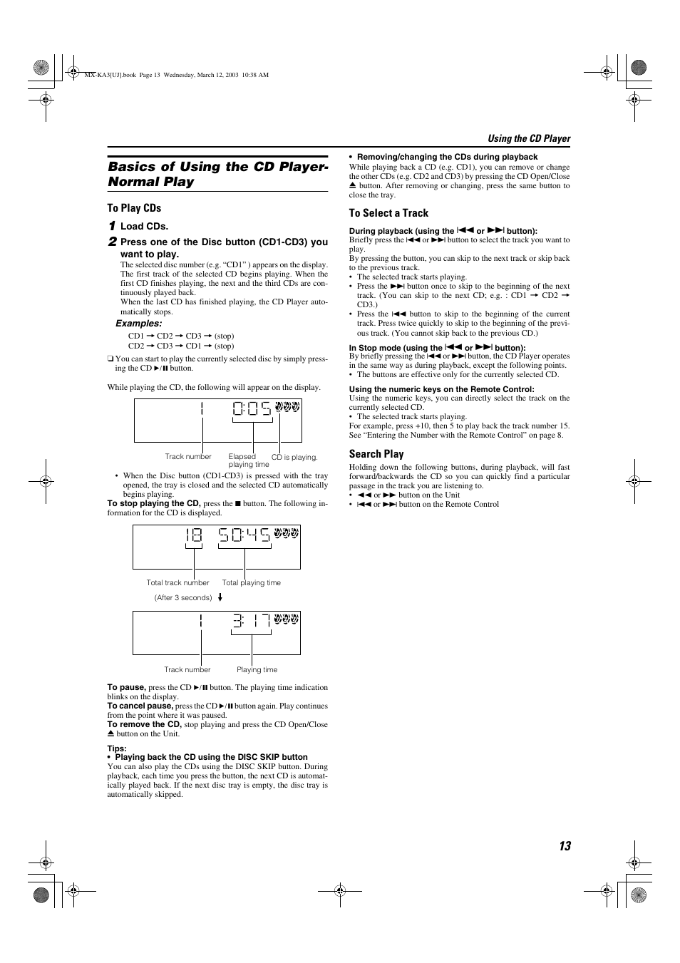 Basics of using the cd player- normal play | JVC CA-MXKA3 User Manual | Page 15 / 29