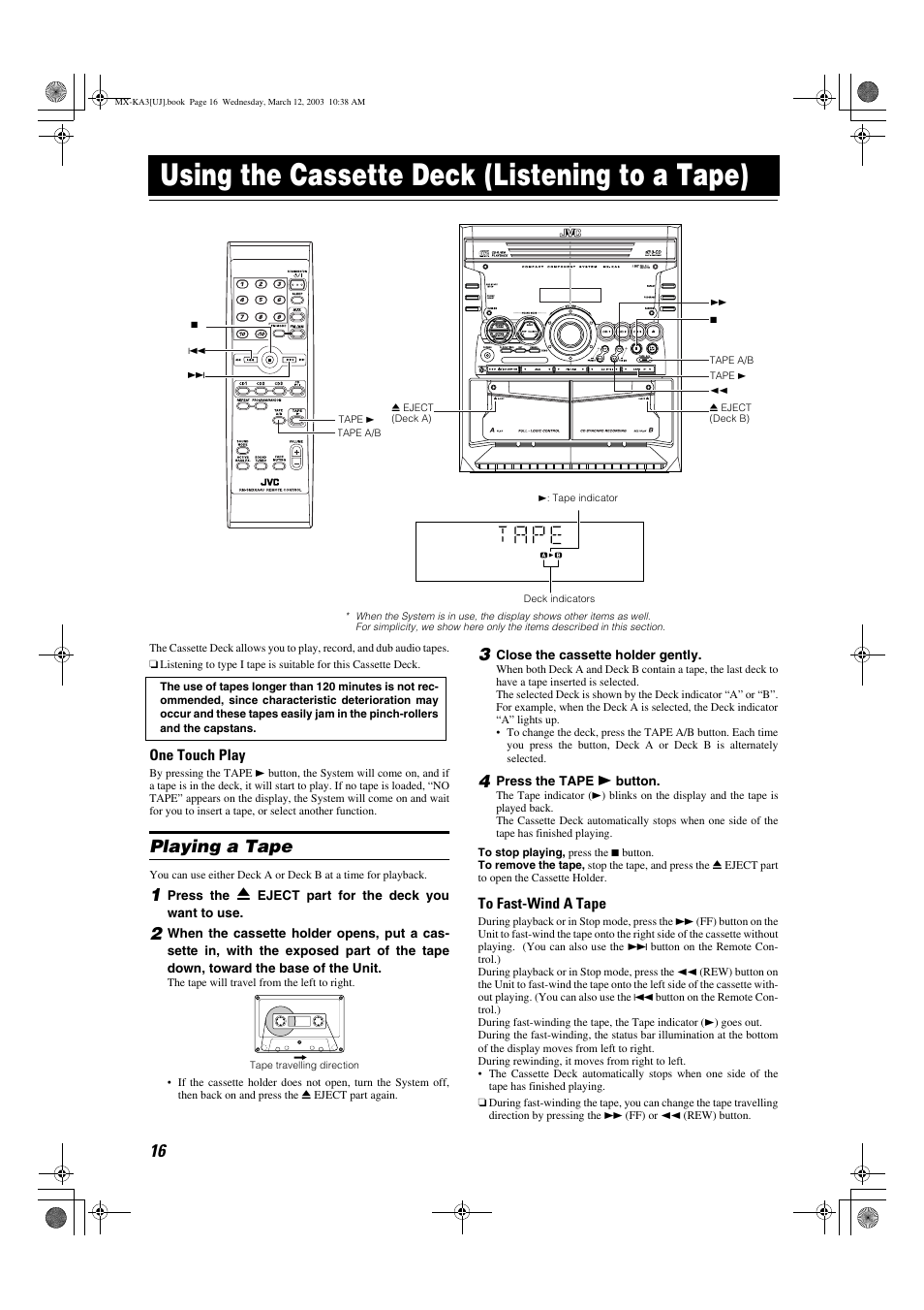Using the cassette deck, Using the cassette deck (listening to a tape), Playing a tape | JVC CA-MXKA3 User Manual | Page 18 / 29