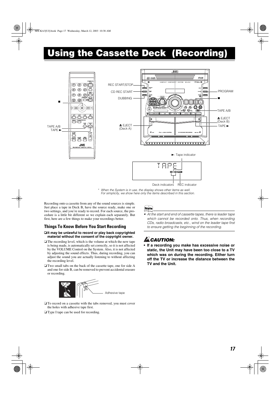 Using the cassette deck (recording), Things to know before you start recording, Caution | JVC CA-MXKA3 User Manual | Page 19 / 29