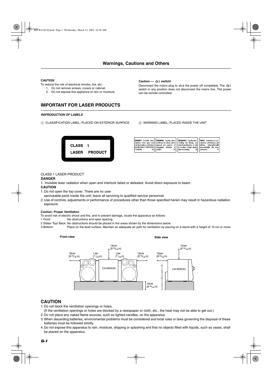 Warnings, cautions and others, Important for laser products, Caution | JVC CA-MXKA3 User Manual | Page 2 / 29