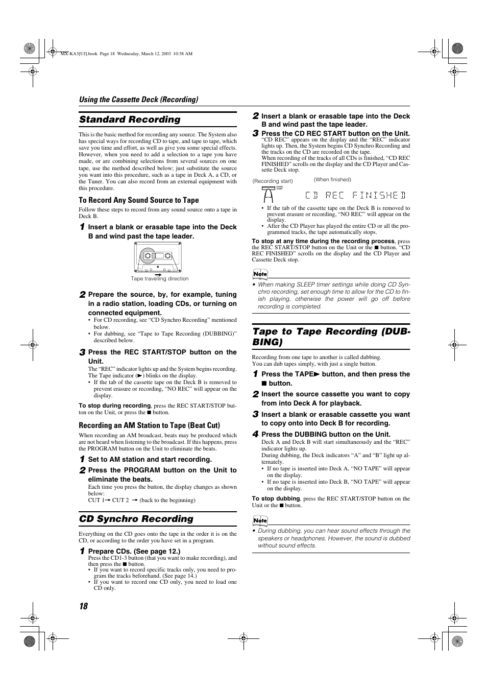 Standard recording, Cd synchro recording, Tape to tape recording (dub- bing) | JVC CA-MXKA3 User Manual | Page 20 / 29
