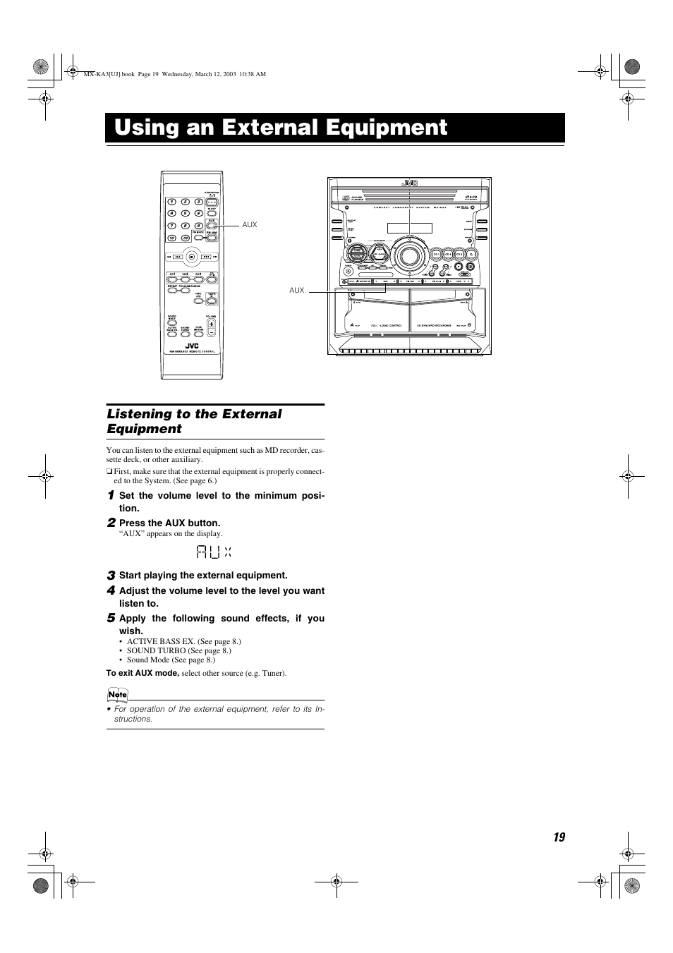 Using an external equipment, Listening to the external equipment | JVC CA-MXKA3 User Manual | Page 21 / 29