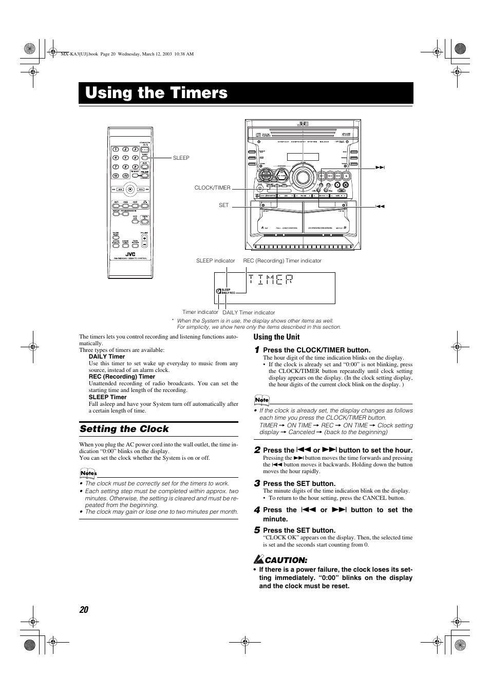 Using the timers, Setting the clock | JVC CA-MXKA3 User Manual | Page 22 / 29