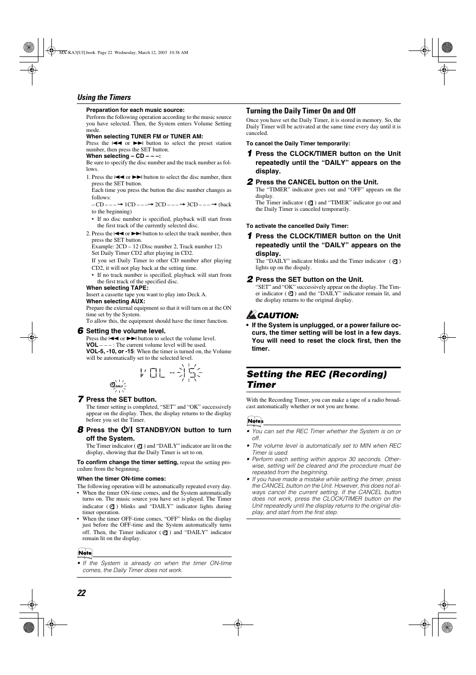 Setting the rec (recording) timer | JVC CA-MXKA3 User Manual | Page 24 / 29