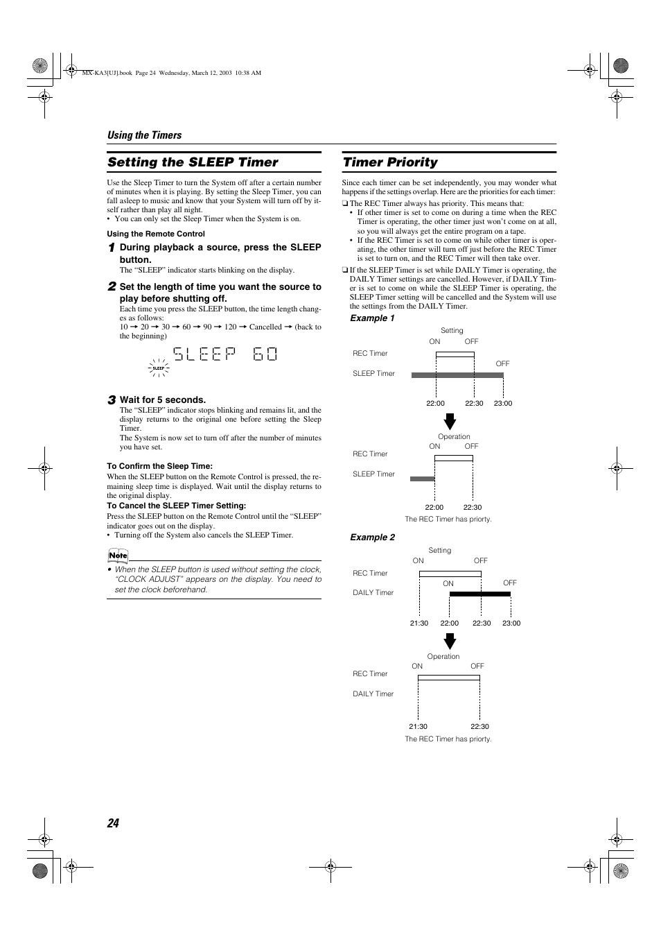 Setting the sleep timer, Timer priority, Using the timers | JVC CA-MXKA3 User Manual | Page 26 / 29