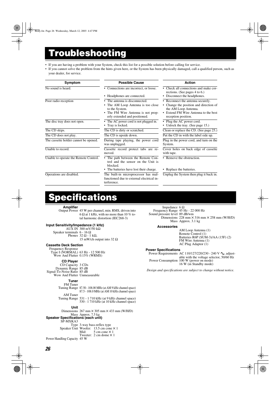 Troubleshooting, Specifications | JVC CA-MXKA3 User Manual | Page 28 / 29