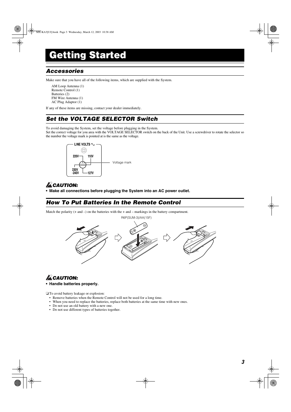 Getting started, Accessories, Set the voltage selector switch | How to put batteries in the remote control | JVC CA-MXKA3 User Manual | Page 5 / 29