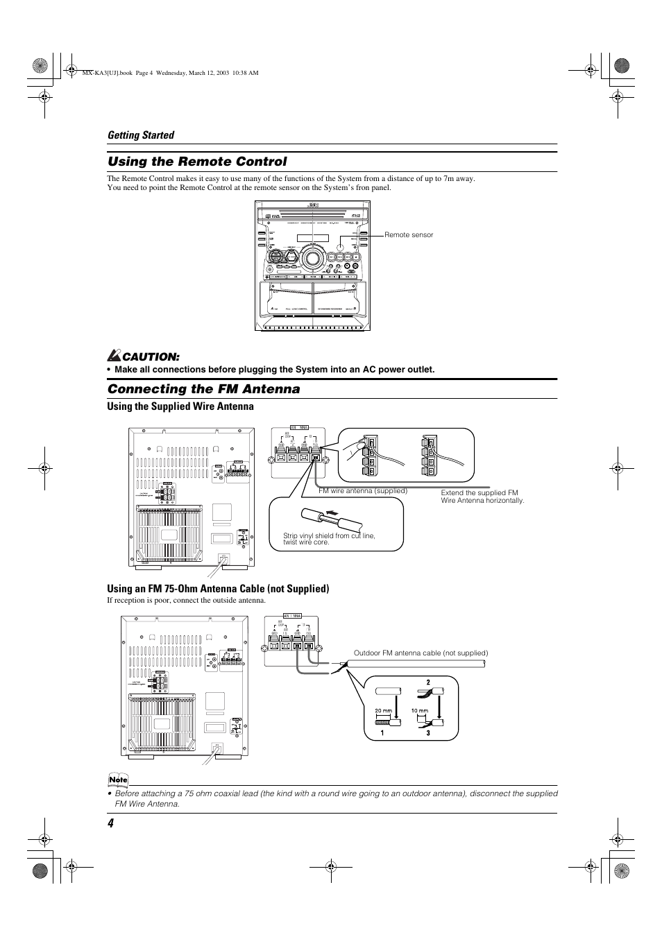Using the remote control, Connecting the fm antenna | JVC CA-MXKA3 User Manual | Page 6 / 29