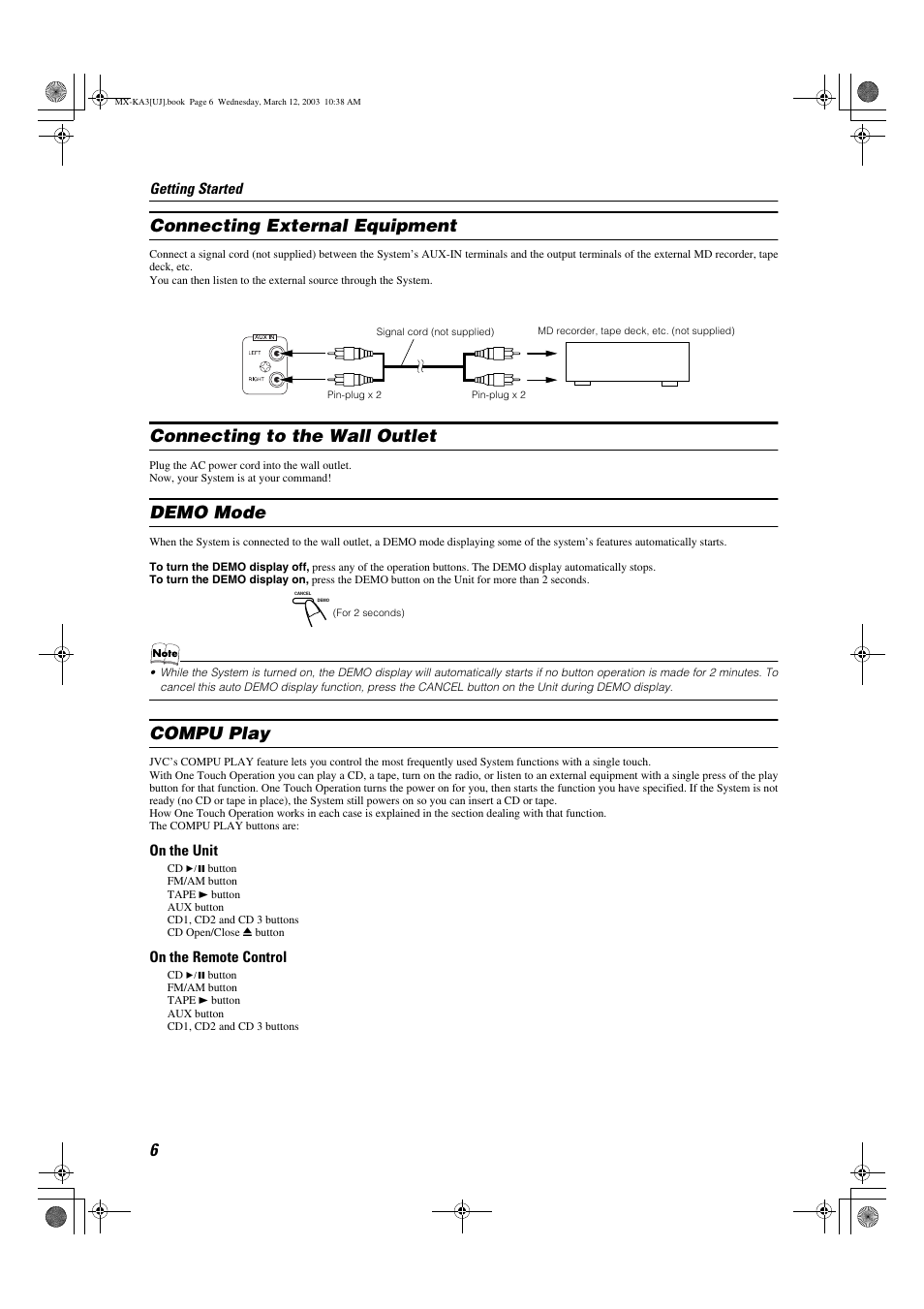 Connecting external equipment, Connecting to the wall outlet, Demo mode | Compu play | JVC CA-MXKA3 User Manual | Page 8 / 29