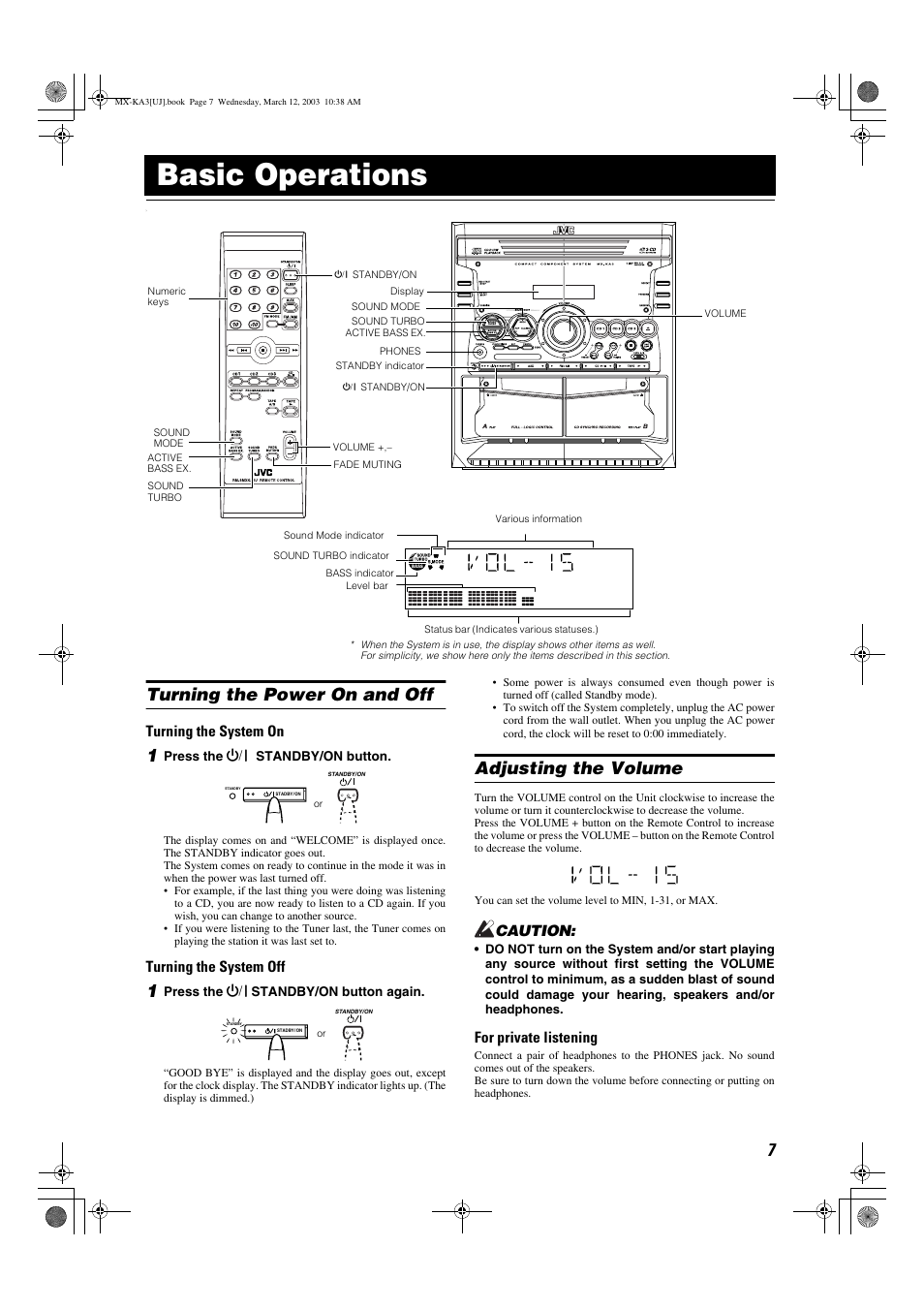 Basic operations, Turning the power on and off, Adjusting the volume | Turning the system on, Turning the system off, Caution, For private listening | JVC CA-MXKA3 User Manual | Page 9 / 29